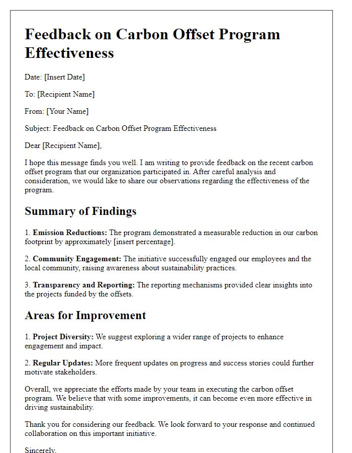 Letter template of feedback on carbon offset program effectiveness