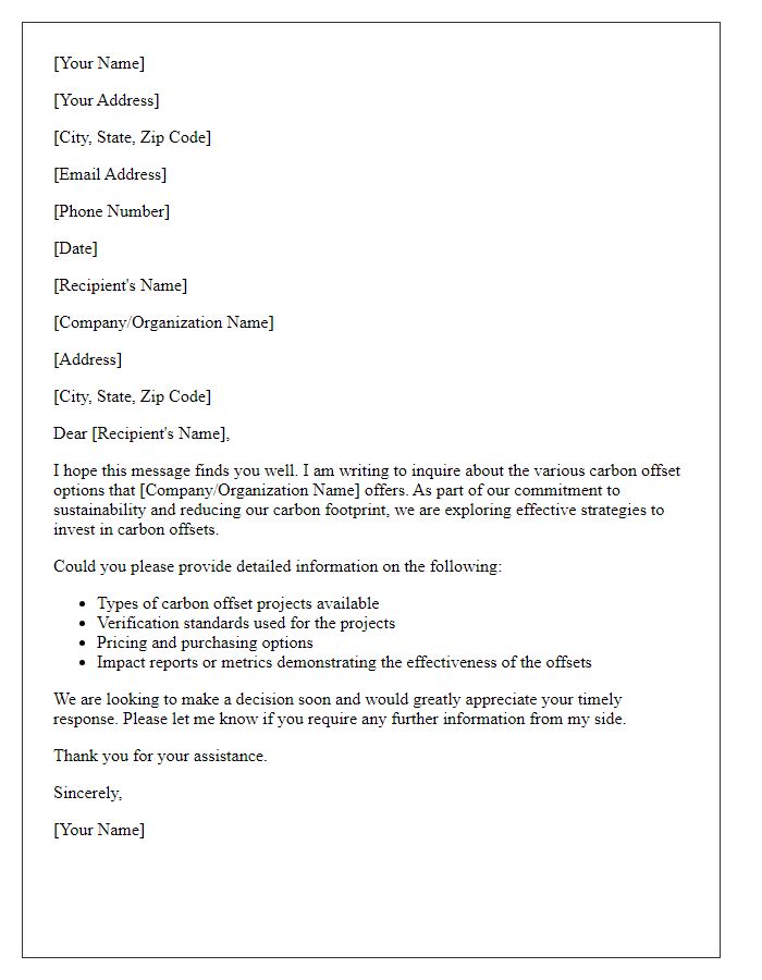 Letter template of inquiry regarding carbon offset options