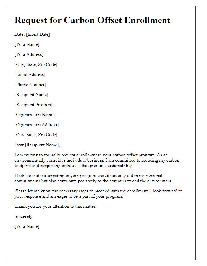 Letter template of request for carbon offset enrollment
