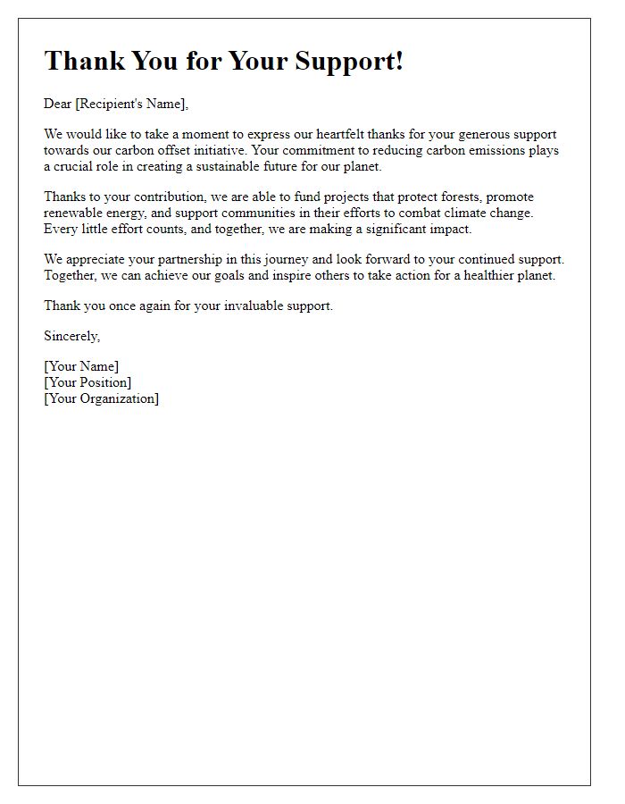 Letter template of thank you for carbon offset support