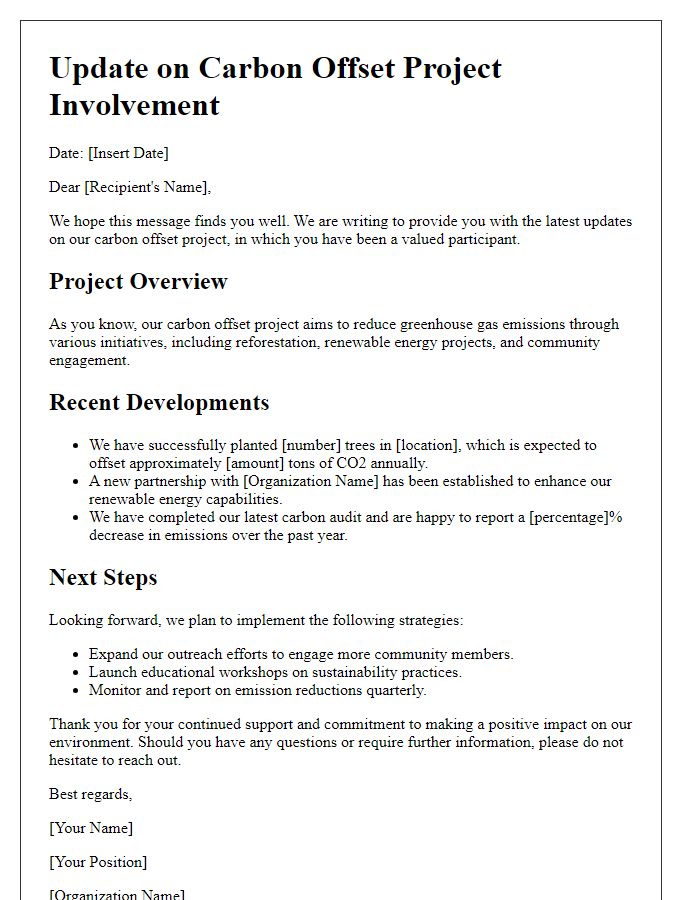 Letter template of update on carbon offset project involvement