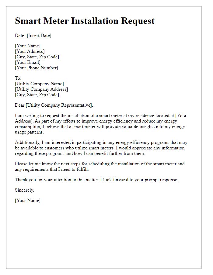 Letter template of smart meter installation request for energy efficiency programs.