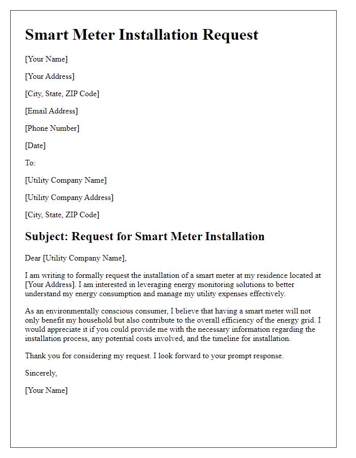 Letter template of smart meter installation request for energy monitoring solutions.