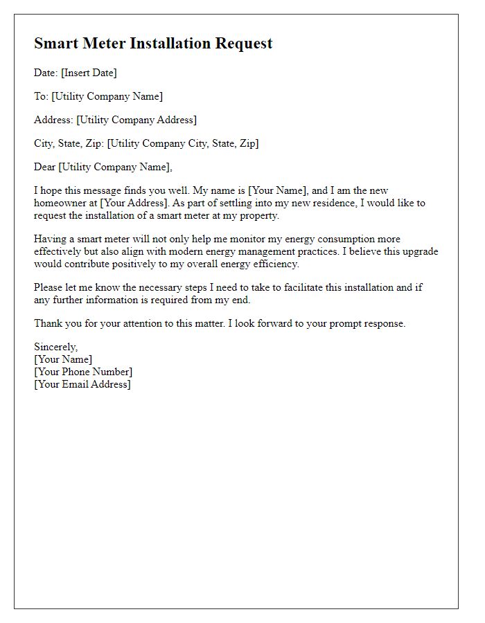 Letter template of smart meter installation request for new homeowners.