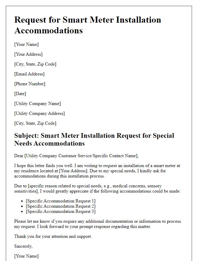 Letter template of smart meter installation request for special needs accommodations.