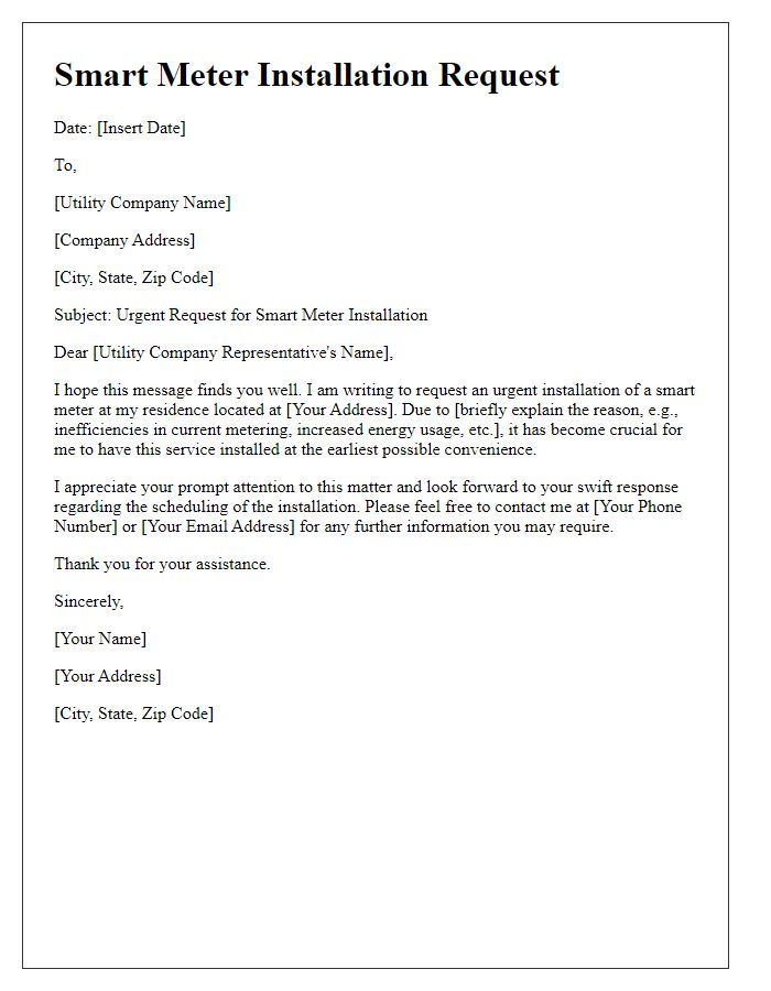 Letter template of smart meter installation request for urgent service needs.