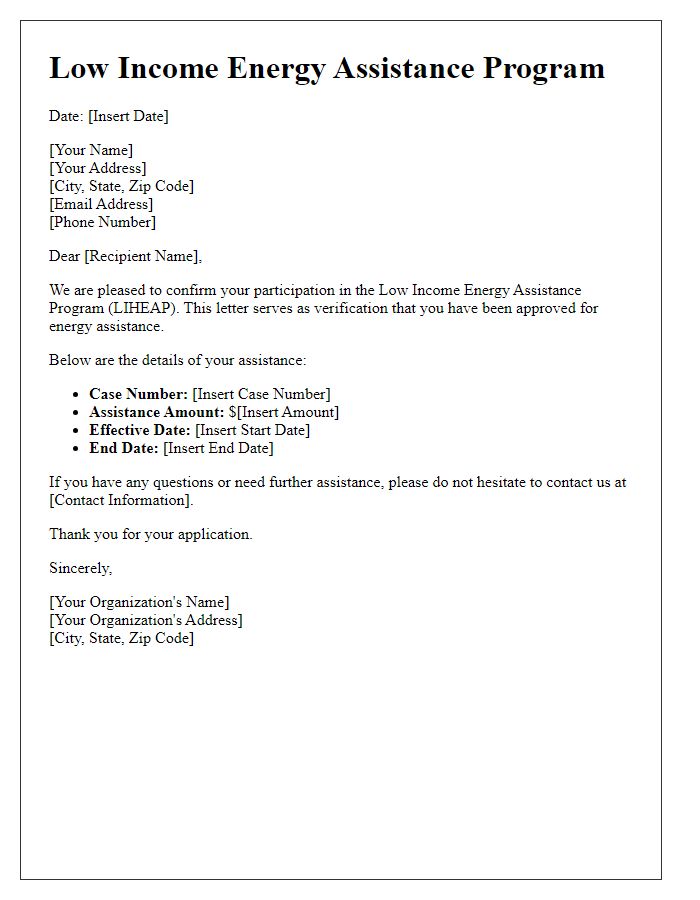 Letter template of confirmation for low income energy assistance receipt