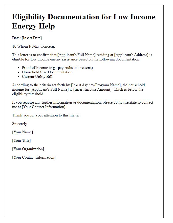 Letter template of eligibility documentation for low income energy help