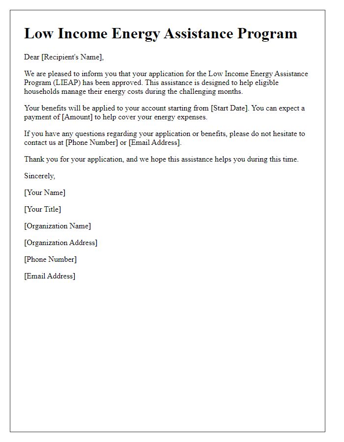 Letter template of notification for low income energy assistance approval