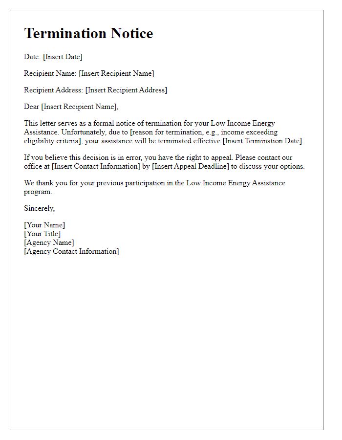 Letter template of termination notice for low income energy assistance