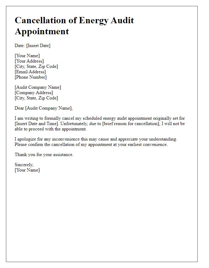 Letter template of cancellation for energy audit appointment