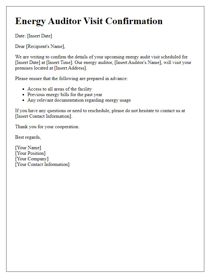 Letter template of confirming energy auditor's visit details