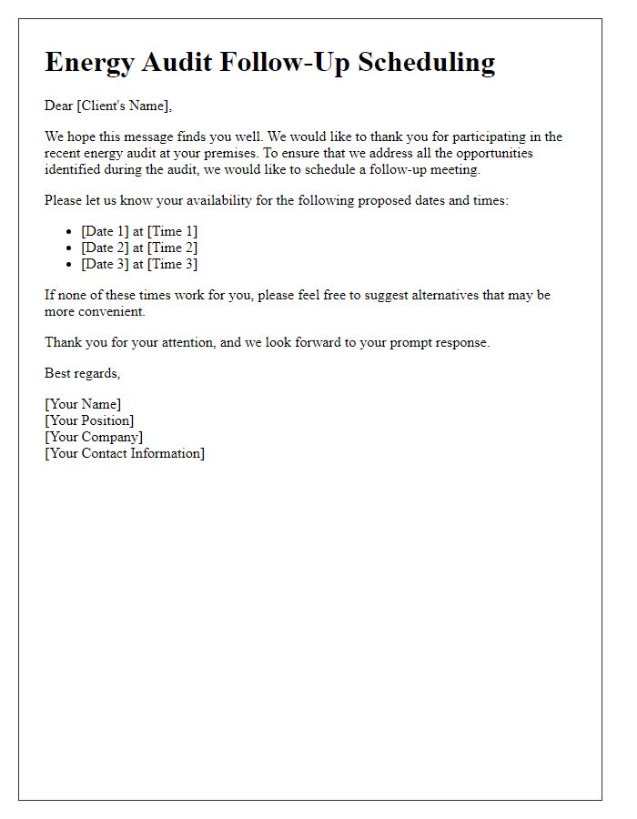 Letter template of energy audit follow-up scheduling