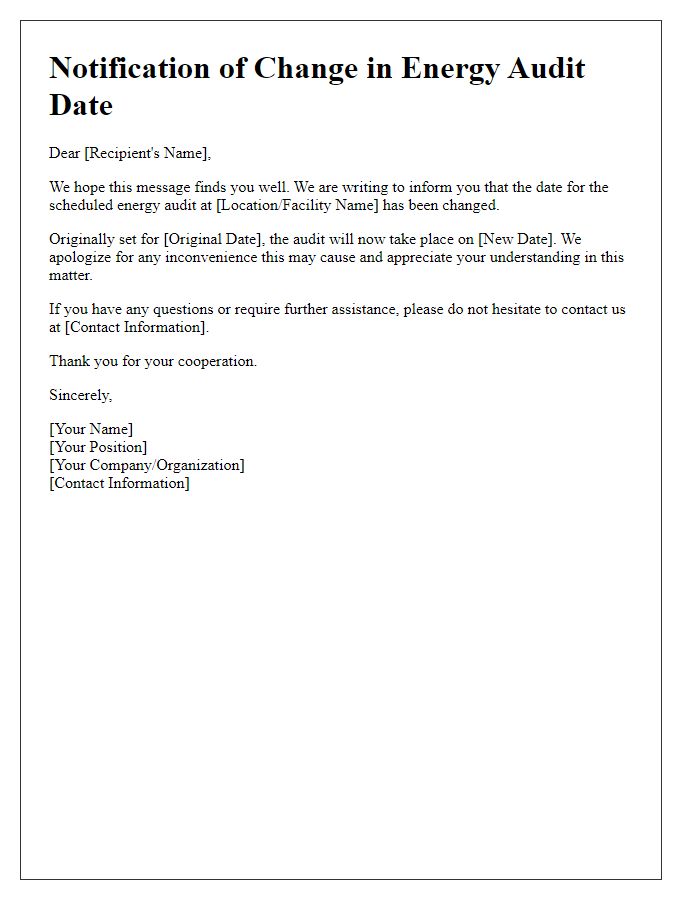 Letter template of notifying about energy audit date change