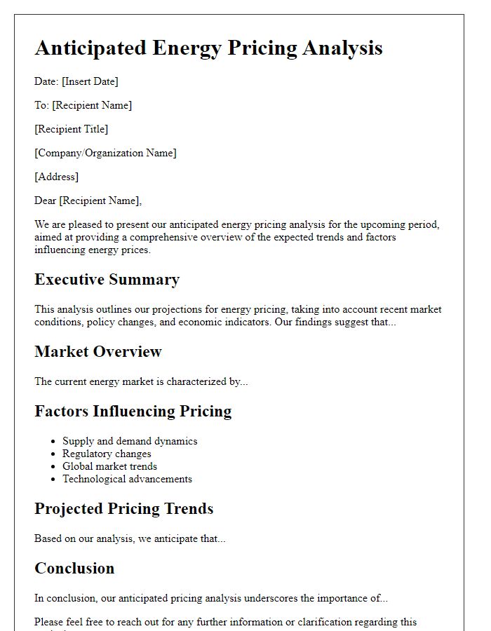 Letter template of anticipated energy pricing analysis