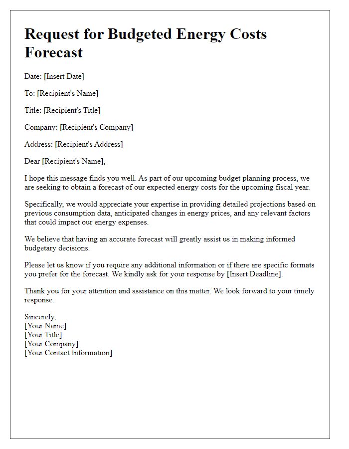 Letter template of budgeted energy costs forecast request