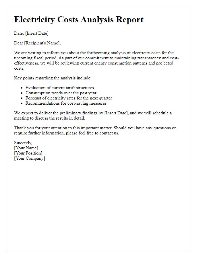 Letter template of forthcoming electricity costs analysis