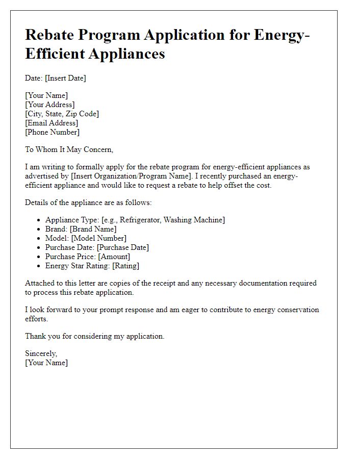 Letter template of rebate program application for energy-efficient appliances