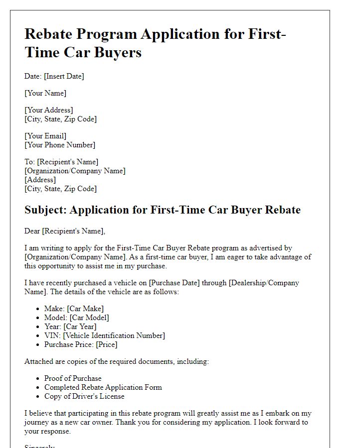 Letter template of rebate program application for first-time car buyers