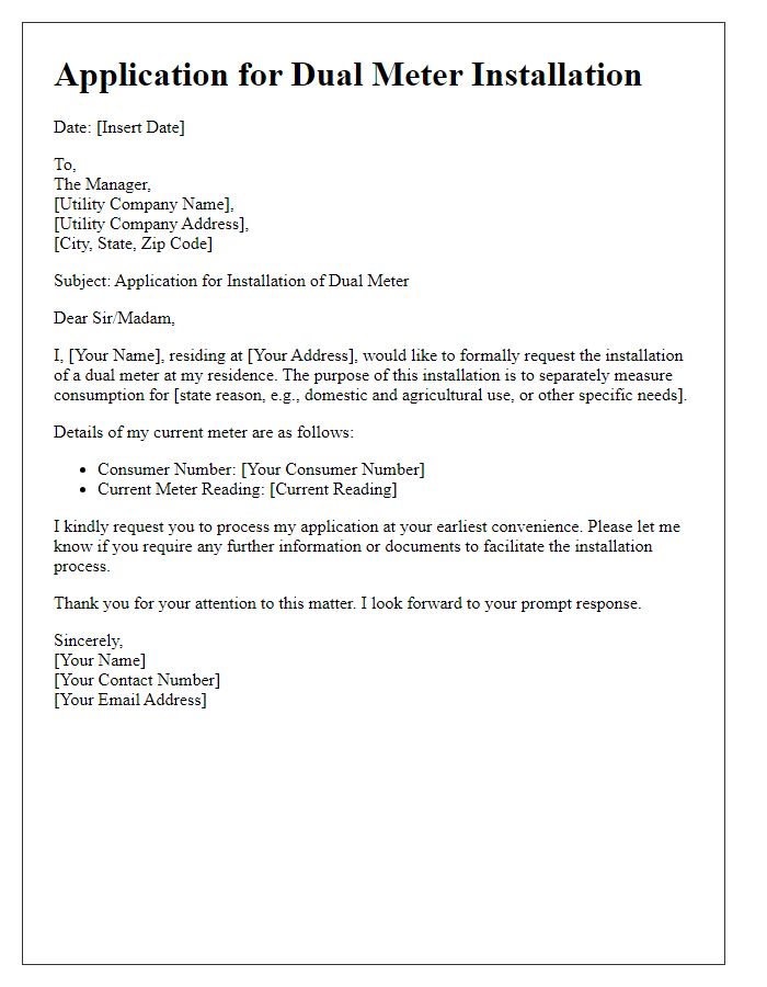 Letter template of application for dual meter installation