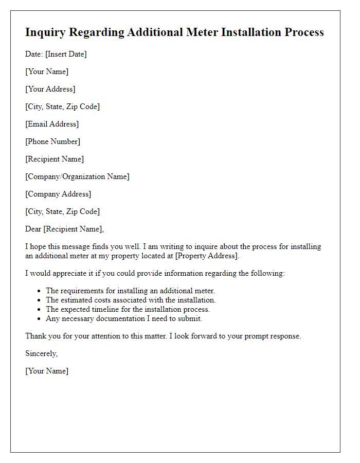 Letter template of inquiry regarding additional meter installation process