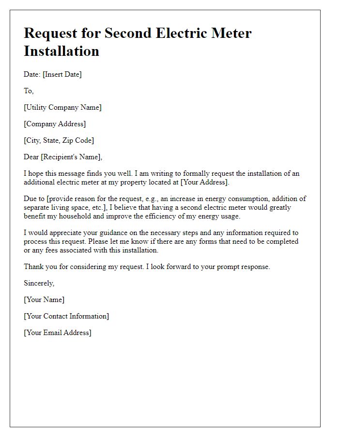 Letter template of request for second electric meter installation