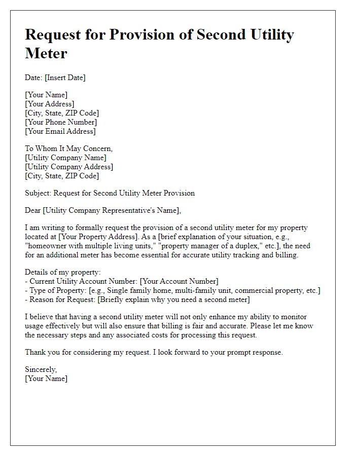 Letter template of request for second utility meter provision