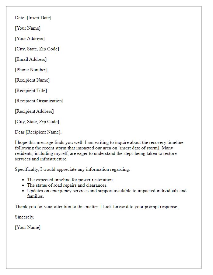Letter template of query about storm recovery timeline