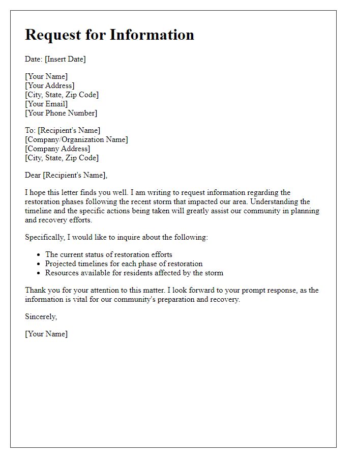 Letter template of request for information on storm restoration phases