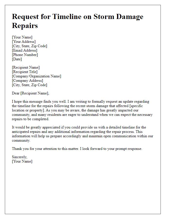 Letter template of request for timeline on storm damage repairs