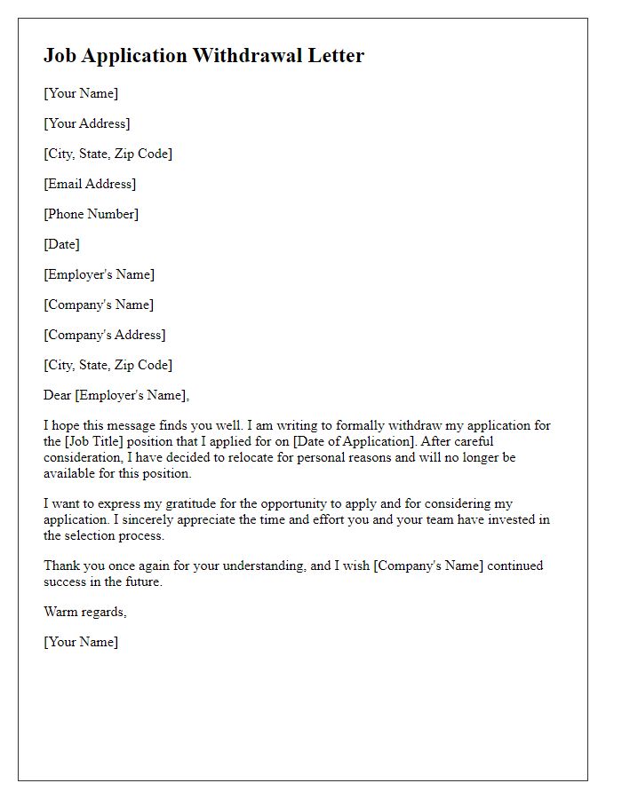 Letter template of job application withdrawal for relocation