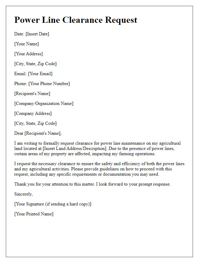 Letter template of power line clearance request for agricultural land.