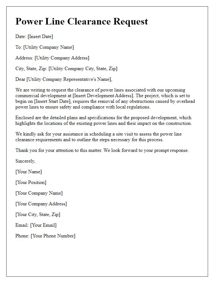 Letter template of power line clearance request for commercial development.