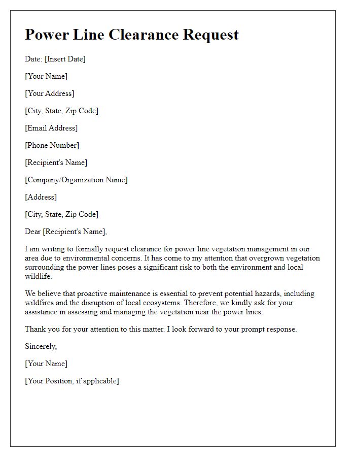 Letter template of power line clearance request for environmental concerns.