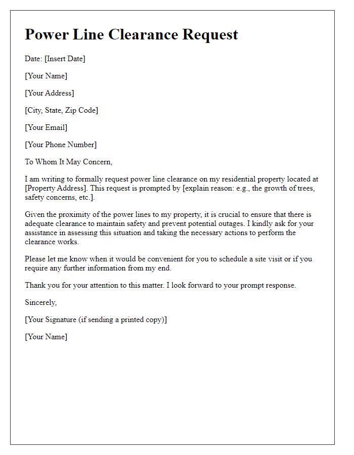 Letter template of power line clearance request for residential property.