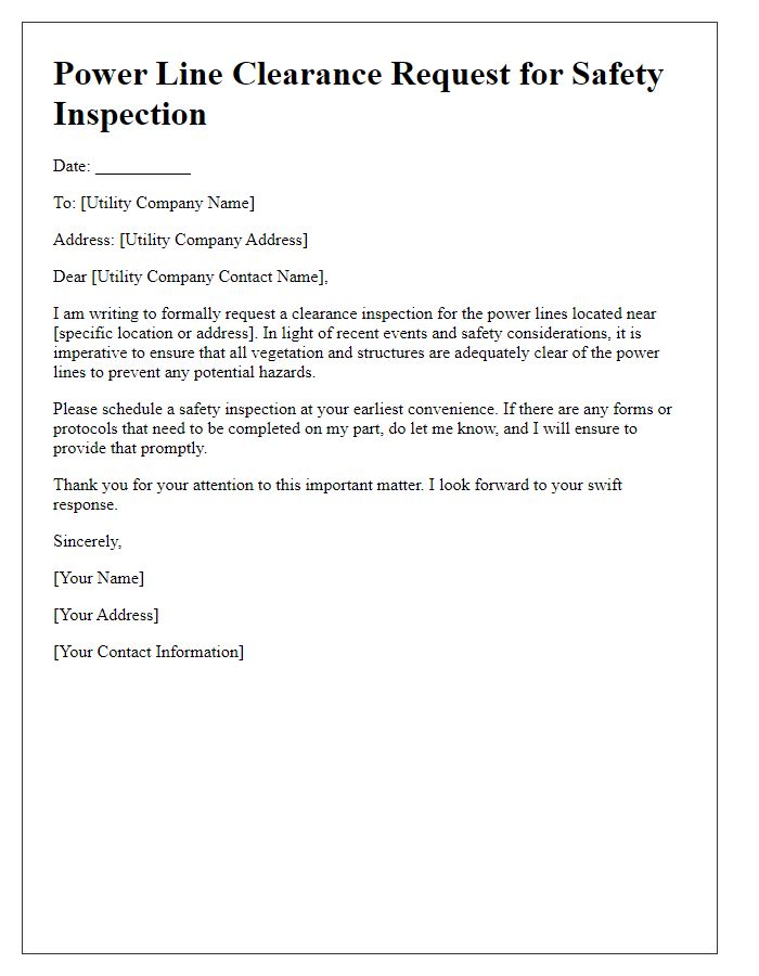 Letter template of power line clearance request for safety inspection.