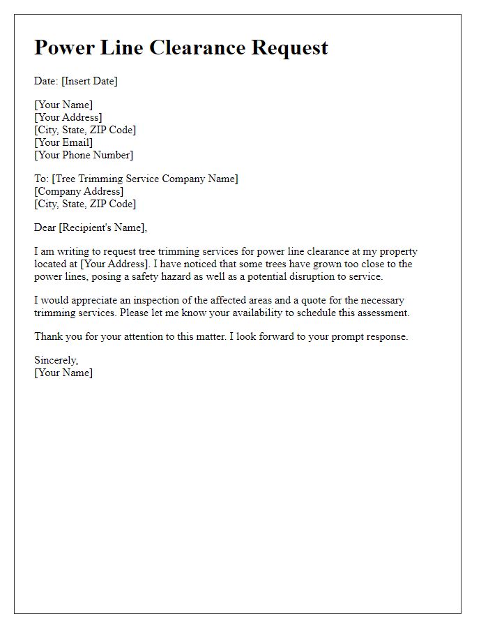 Letter template of power line clearance request for tree trimming services.