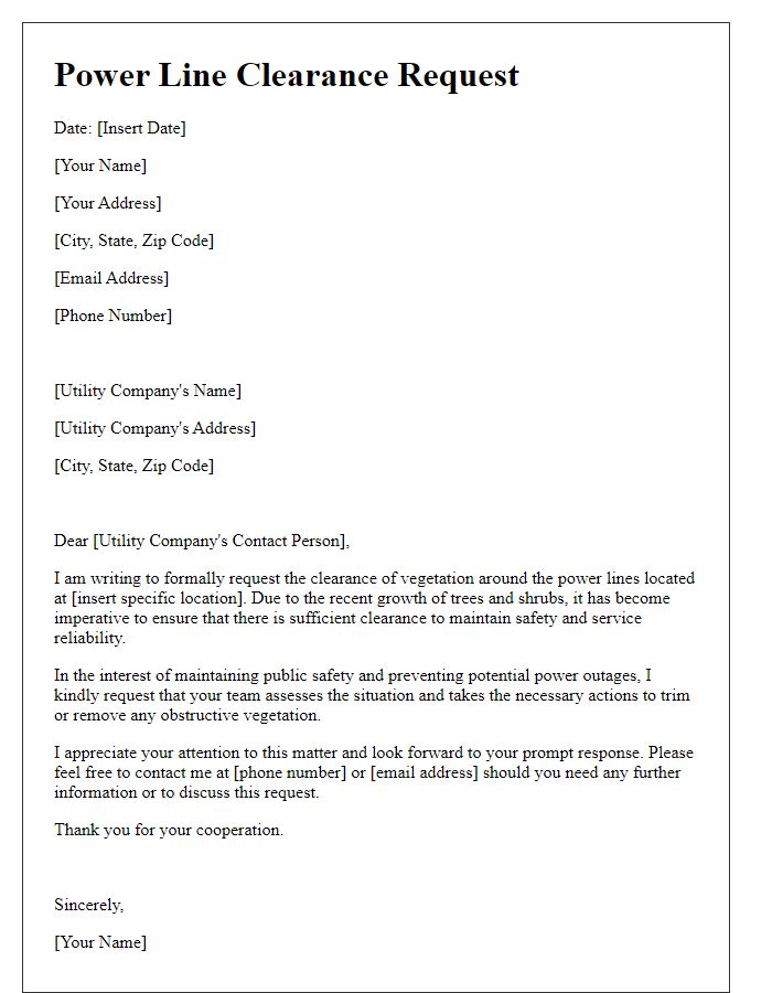 Letter template of power line clearance request for utility maintenance.