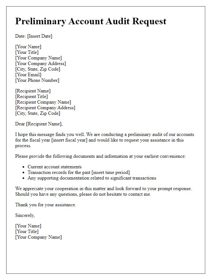 Letter template of preliminary account audit request