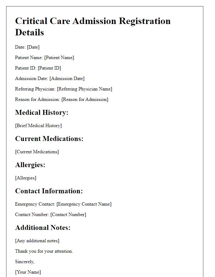 Letter template of critical care admission registration details