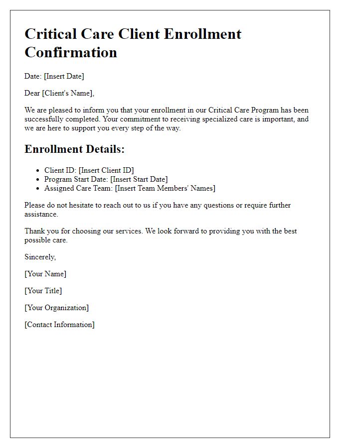 Letter template of critical care client enrollment confirmation