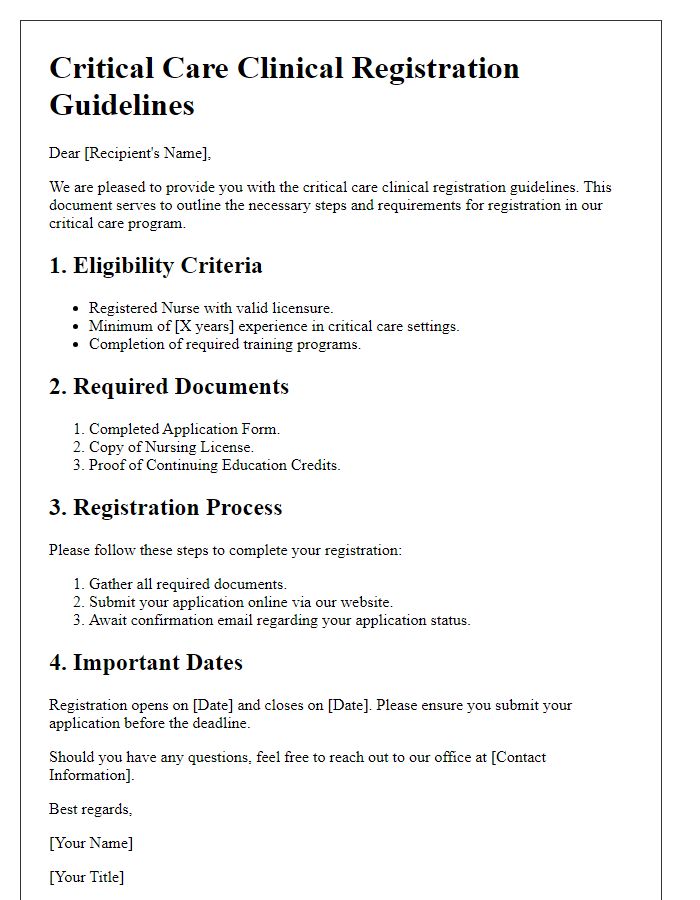 Letter template of critical care clinical registration guidelines