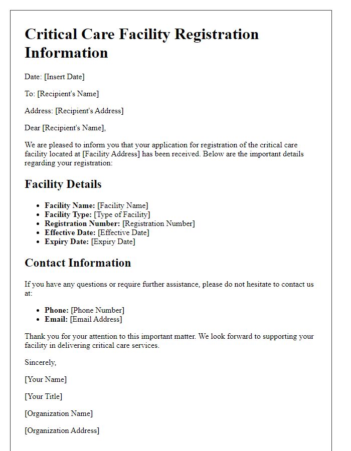 Letter template of critical care facility registration information