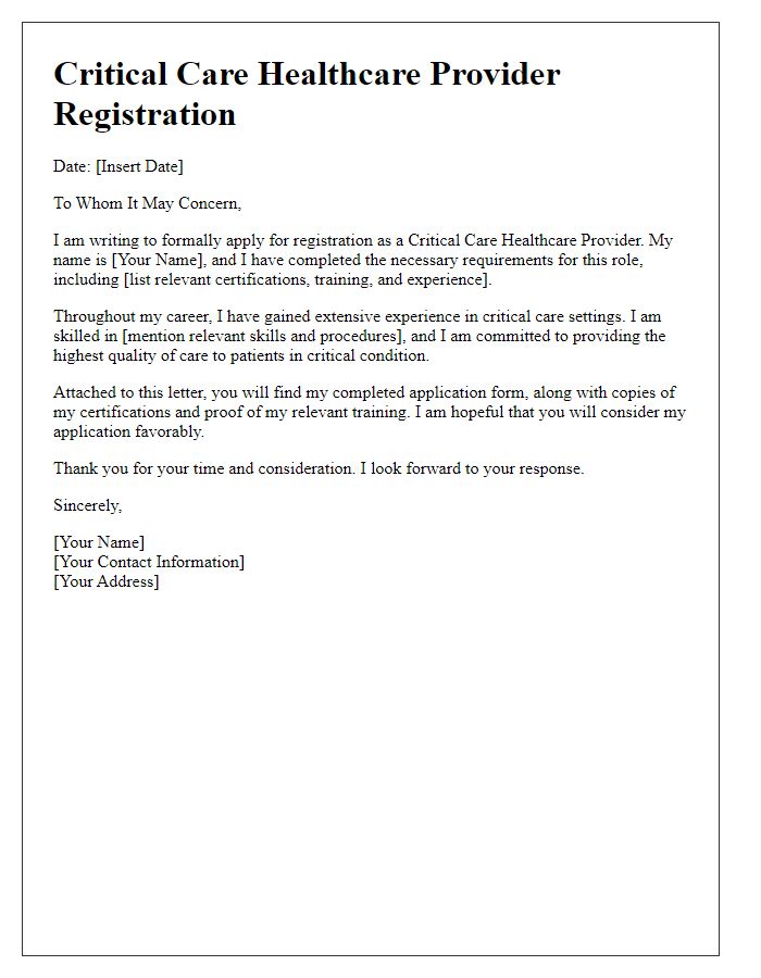 Letter template of critical care healthcare provider registration