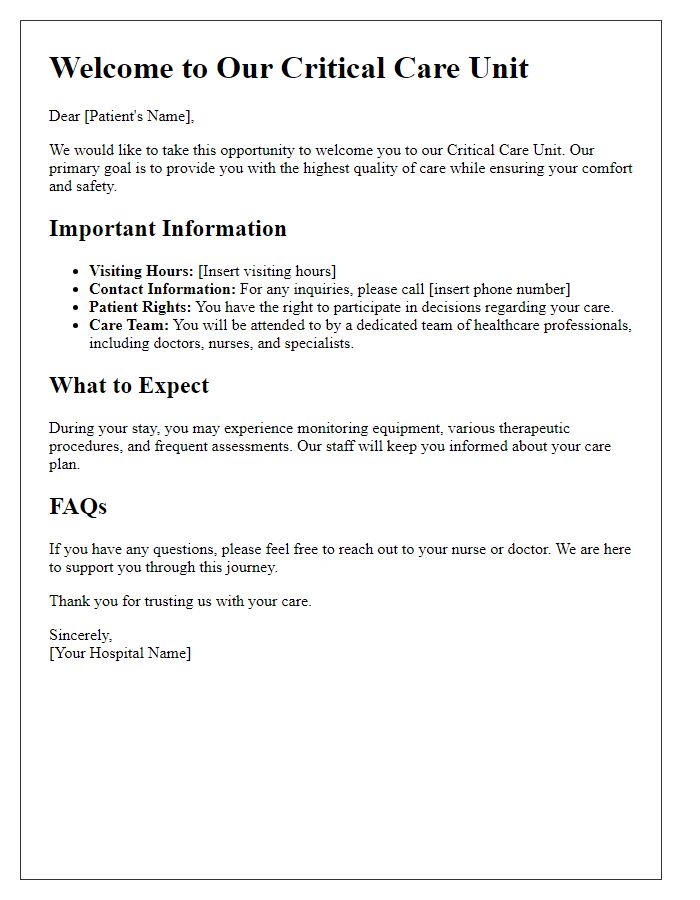 Letter template of critical care patient onboarding information