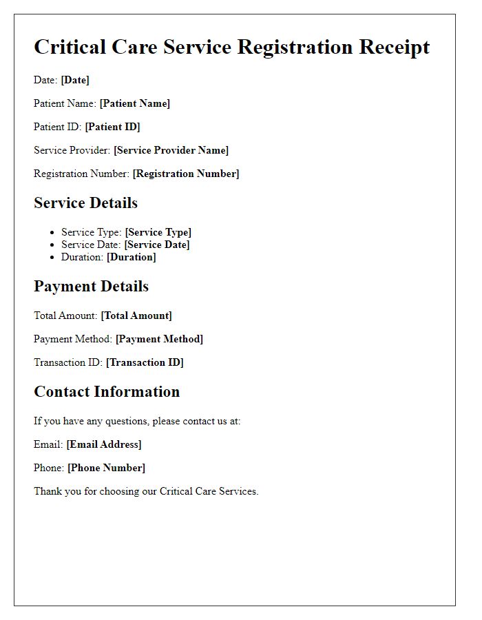 Letter template of critical care service registration receipt