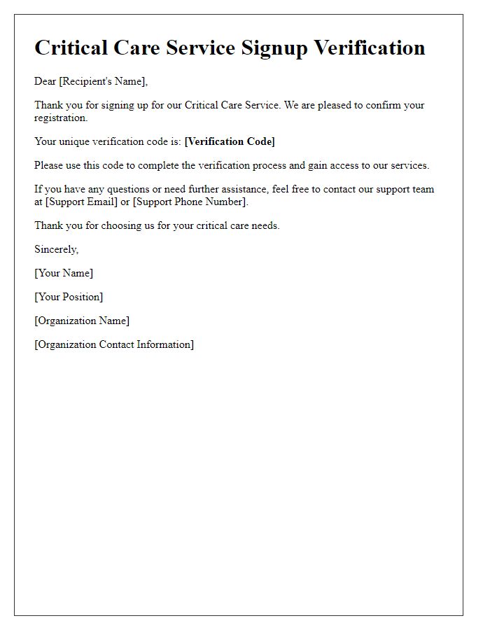 Letter template of critical care service signup verification