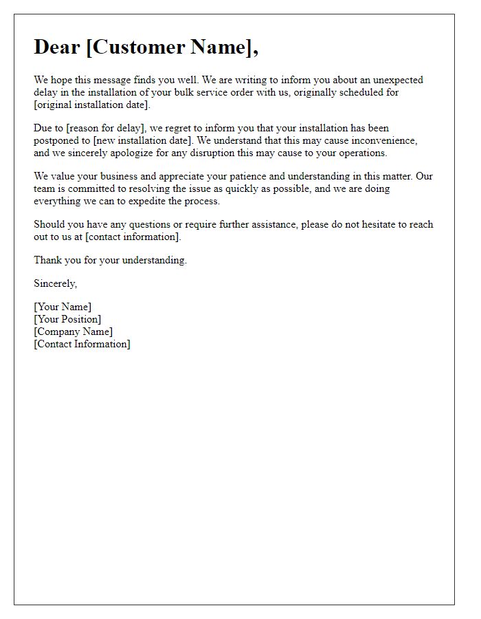 Letter template of service installation delay apology for bulk service orders.