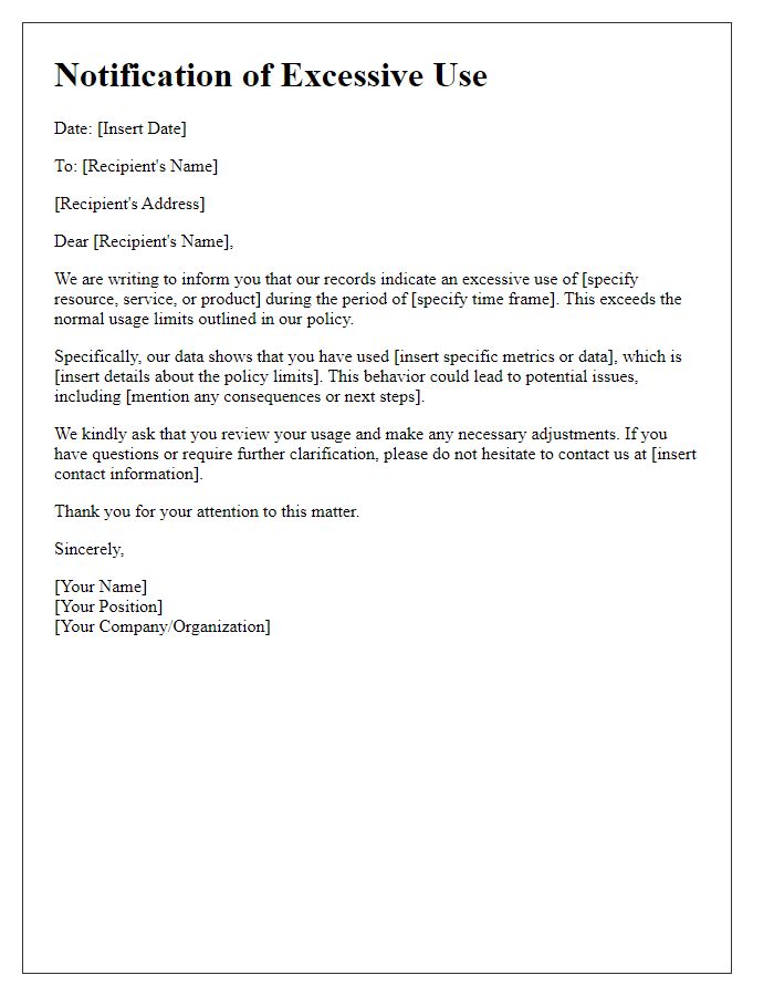 Letter template of Notification for Excessive Use
