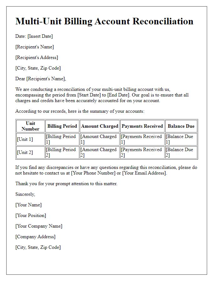 Letter template of multi-unit billing account reconciliation